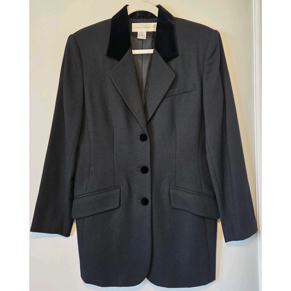 Vintage Casual Corner Black 100% Wool Blazer Velvet Collar Longline Women's 8